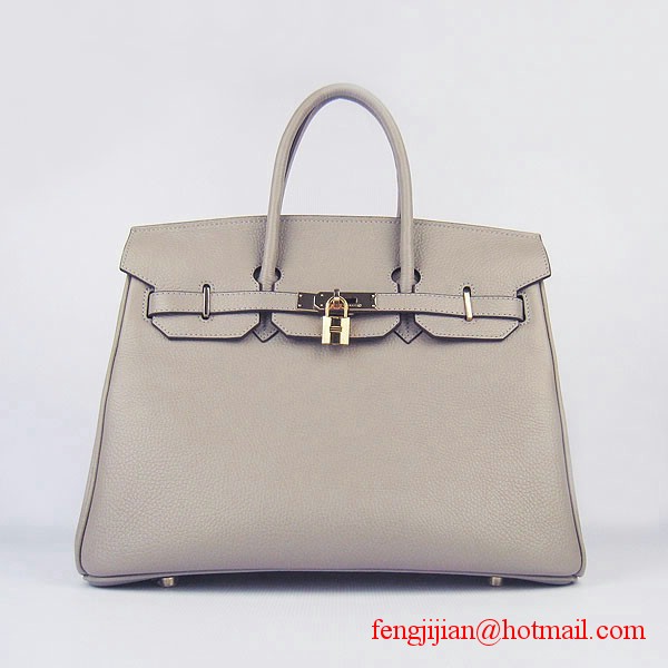 Hermes 35cm Embossed Veins Bag Grey Gold Hardware 6089